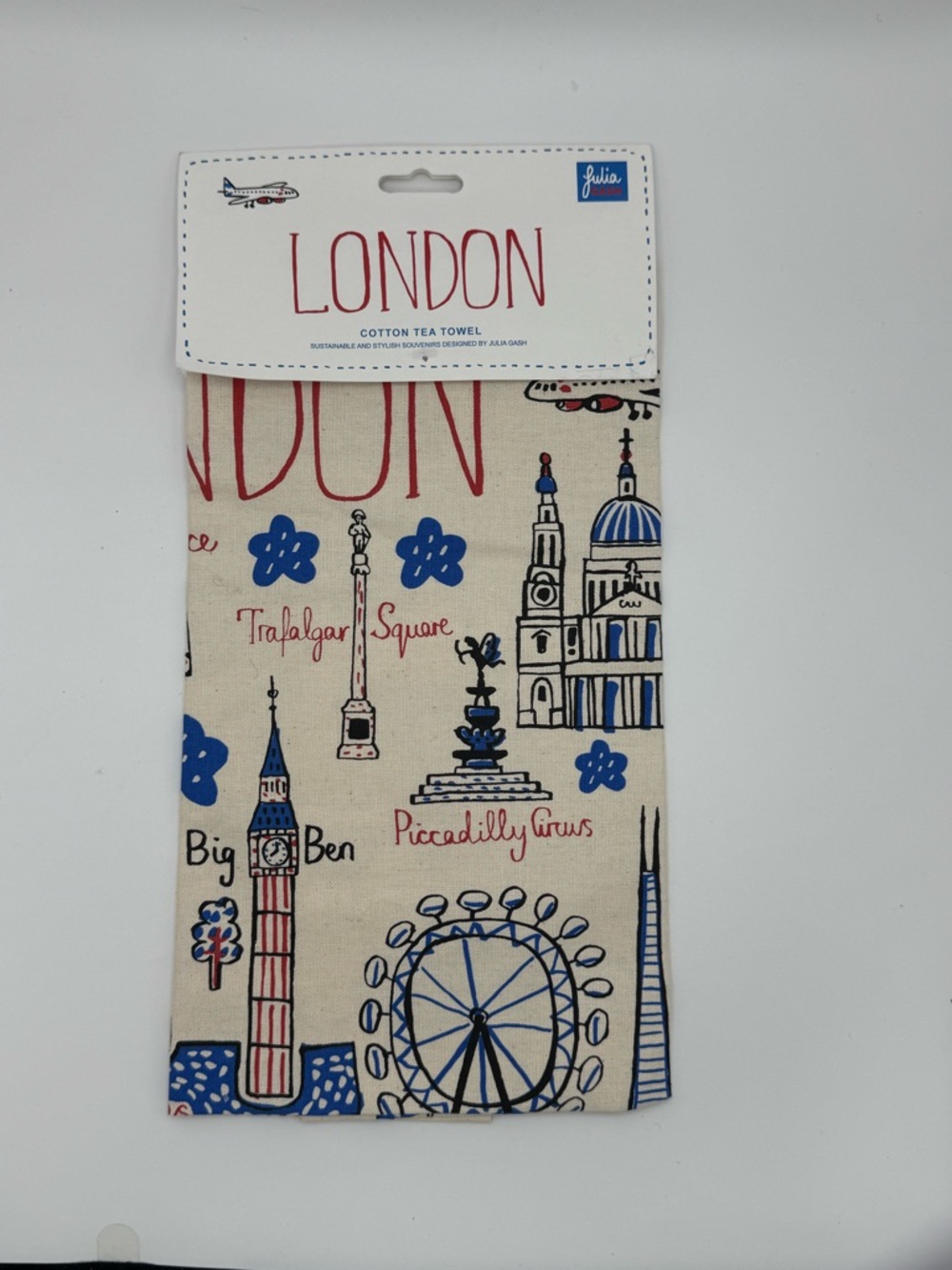 London Cotton Tea Towel with Blue & Red Landmark Print